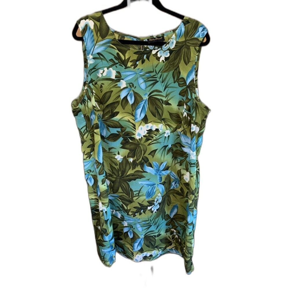 Ashley Stewart Tropical Print Dress Green 2X Sleeveless Keyhole Button